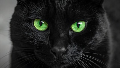 Close-up shot of a black cat with bright green eyes looking straight ahead against a blurred light grey background