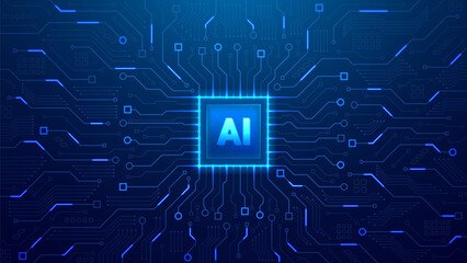 Technology background with AI chip. Semiconductor technology concept with circuit board. Vector illustration of AI CPU isolated on dark blue background. Artificial Intelligence icon concept.