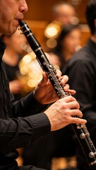 Close up of a male musician playing the clarinet in an orchestra. Vertical photo of professional artist performing classical music concert