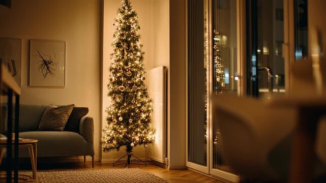 Christmas tree for small space, slim vertical christmas tree placed in a narrow corner, simple ornaments, soft warm glow, space-saving holiday design