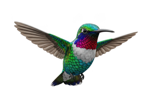 Colorful hummingbird with outstretched wings isolated on transparent background for nature and wildlife design