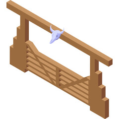 Wooden Ranch Gate with Bull Skull Decoration in Isometric View on Transparent Background