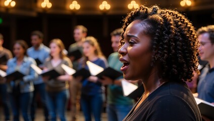 Passionate black woman singing in a choir. Close-up profile of a female vocalist performing on stage with a diverse group