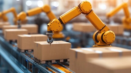 Precision industrial robotic arms working in unison to efficiently handle various tasks on a factory assembly line including picking placing and moving products for packaging and distribution