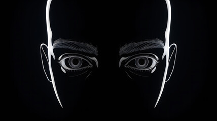 Surreal illuminated human face outline with glowing symmetrical eyes in dark background