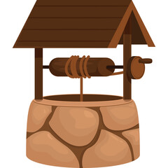Wooden roof water well with stone structure and metal crank on a transparent background