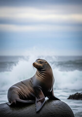 Sea Lion Resting on Large Rock Near Ocean with Waves Crashing in Background Under Overcast Sky Creating a Serene Yet Powerful Coastal Wildlife Scene