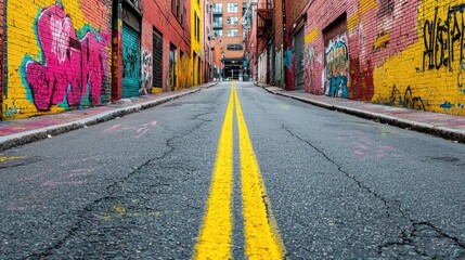 Fototapeta premium Vibrant graffiti adorned urban street scene with aged industrial buildings and infrastructure as the backdrop The narrow alley showcases a dynamic and colorful display of street art and a worn