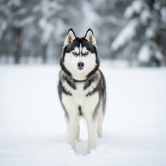 Naklejka premium Siberian Husky with Striking Blue Eyes Standing in Snowy Landscape Surrounded by Snow Covered Trees Highlighting Winter Wildlife Beauty and Cold Climate Adaptation