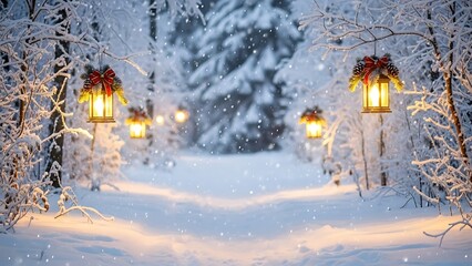 An enchanting winter wonderland path winds through a snow-covered forest, adorned with glowing festive lanterns and gently falling snow, creating a magical holiday atmosphere