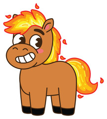 A charming cartoon illustration of a brown horse with a vibrant, fiery mane and tail, featuring a cheerful expression and big eyes. Chinese New Year, Year of the  Fire Horse Retro Mascot Clip Art.