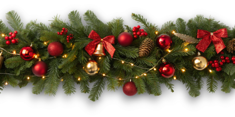 Festive christmas garland adorned with red ornaments golden bells and twinkling lights creating a warm holiday atmosphere against a dark background