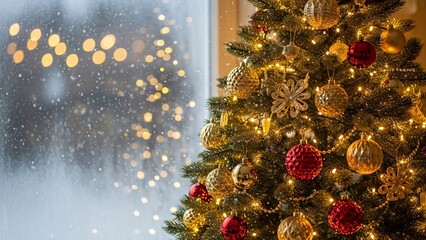 Decorated Christmas tree with ornaments and lights near a window with bokeh and snow effect.