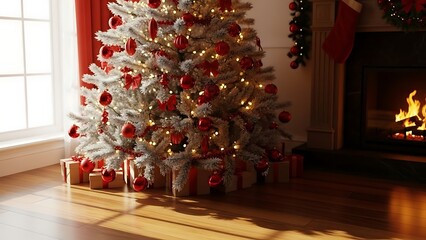 Warm and inviting Christmas morning scene with a decorated tree, gifts, and a cozy fireplace glowing in the sunlight