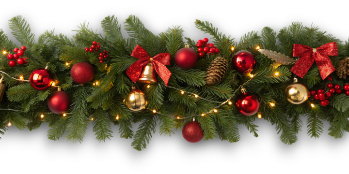 Festive christmas garland adorned with red ornaments golden bells and twinkling lights creating a warm holiday atmosphere against a dark background