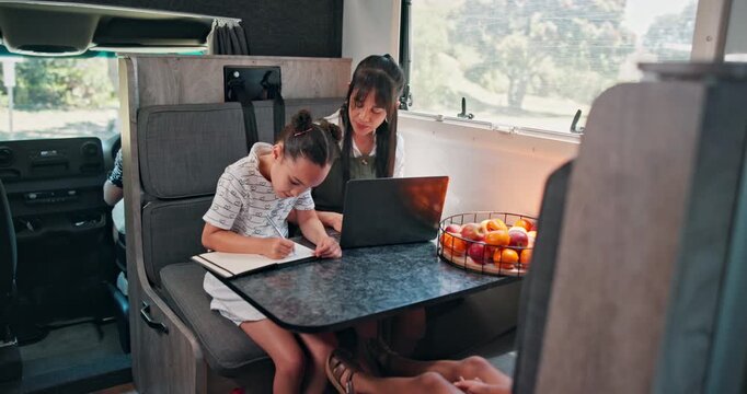 Mom, girl and laptop in van, home and writing for education, development and remote work. People, mother and child in recreational vehicle for freelance job, homework or learning with family on drive