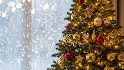 A decorated Christmas tree glows with lights and ornaments, with falling snow visible through the window.