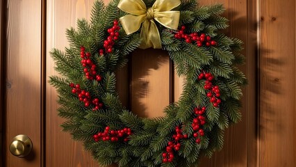 Festive Holiday Wreath with Gold Bow and Red Berries on Wooden Door