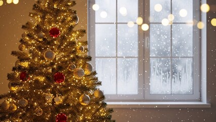 A decorated Christmas tree glows near a window, with falling snow and festive lights.