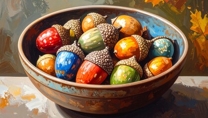 Colorful acorns fill a brown bowl, rendered in impressionistic strokes, on a counter before a blurred autumn scene