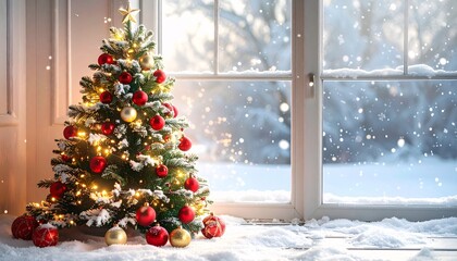 Decorated Christmas tree stands near a window with a snowy winter scene outside, creating a festive holiday atmosphere.