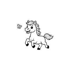 A Friendly Horse Trotting Happily Line Art – Cute Black Outline Horse Illustration on White Background, Simple Minimal Sketch for Kids