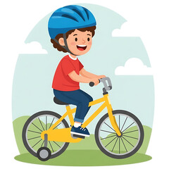 Happy boy wearing blue helmet riding yellow bicycle outdoors isolated on transparent background