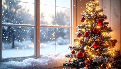 A decorated Christmas tree glows warmly beside a snowy window.