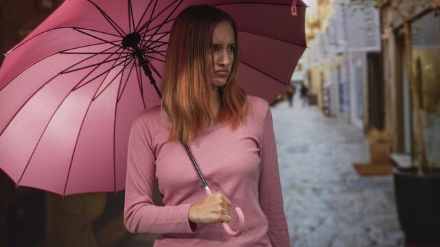 Redhead woman wearing pink sweater, holding pink umbrella and gripping curved handle, grimacing with pursed lips on a narrow cobblestone street between shopfronts; annoyance.