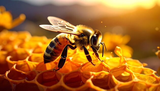 Close-up of a bee standing on a golden honeycomb structure with a bright, warm, glowing light behind