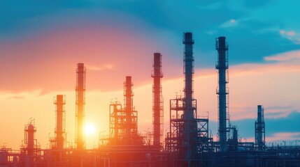 Obraz premium Dramatic silhouette of industrial landscape at dusk with towering factories refineries and chemical plants against the vibrant sky