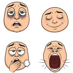 Set of four tired and sleepy face expressions isolated on transparent background