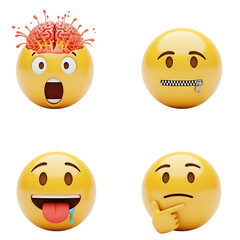 Four expressive 3d emoji faces showing shock, silence, drooling, and thought isolated on transparent background