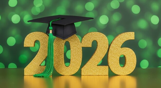 Graduation cap adorns glittering gold numbers representing the year 2026