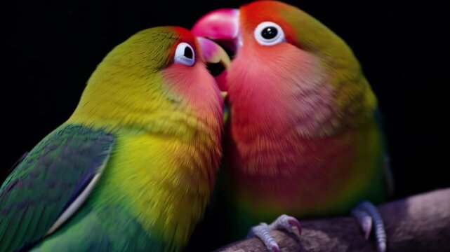 Two colorful lovebirds gently touching beaks in close affectionate moment, vibrant parrot pair symbolizing romance and bonding, intimate wildlife behavior captured in vivid detail against dark backgro