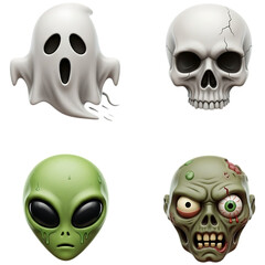 Set of four spooky emoji icons ghost, skull, alien, and zombie isolated on transparent background