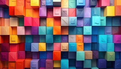Colorful cube wall, textured with subtle grooves. Random arrangement creates a vibrant, abstract pattern