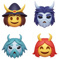 Four fantasy character emoji faces with horns and hats isolated on transparent background