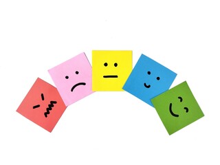 Happy, neutral, and sad emoji on colorful sticky note paper. mental health concept. mood swings, depression, and bipolar disorder. Copy space