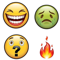 Four emoji icons showing happy, sad, confused, and fire emotion isolated on transparent background