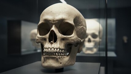 Cinematic Human Skull Displayed in Museum Exhibit Soft Lighting