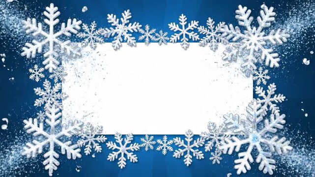 Wintery frame with silvery snowflakes and liquid swirls on deep blue, centered on white rectangle space