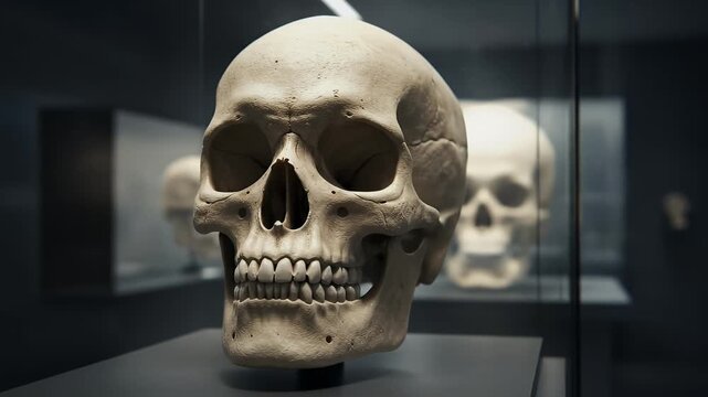 Cinematic Human Skull Displayed in Museum Exhibit Soft Lighting