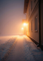Snowy Pathway Beside Building With Warm Lights And Fence On Foggy Winter Evening