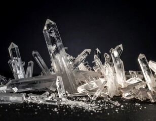 Clear, crystalline structures jut upwards against a dark background, clustered at the base