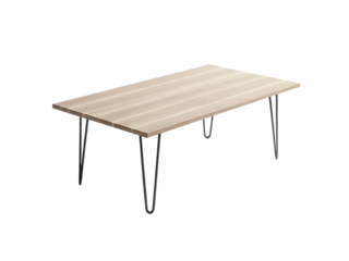 A simple wooden dining table with thin black legs isolated on transparent background