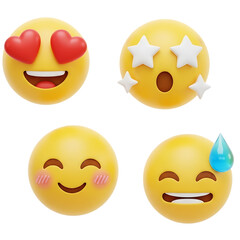 Four 3d emoji faces showing love, surprise, blush, and sweat isolated on transparent background