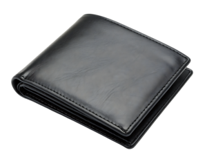 Black Leather Bifold Wallet image isolated on a transparent background.