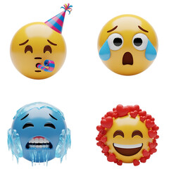 Four 3d emoji faces showing party, crying, freezing, and love isolated on transparent background