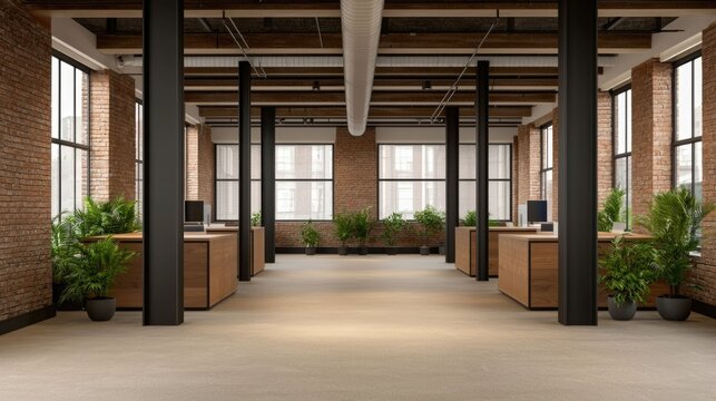 Industrial Style Open Office Space with Creative Design and Collaborative Zones for Productive and Innovative Workspaces